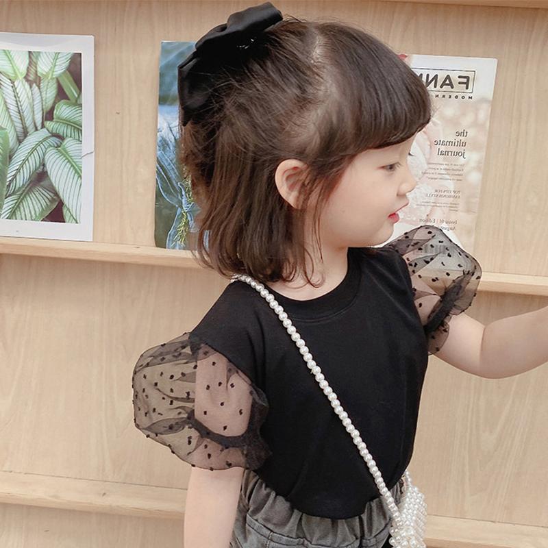 

T-shirts Summer Girls Wave Point T-Shirt Children Trumpet Sleeve Shirt Bottoming Seersucker Short Sleeves Kids ClothesT-shirts, White