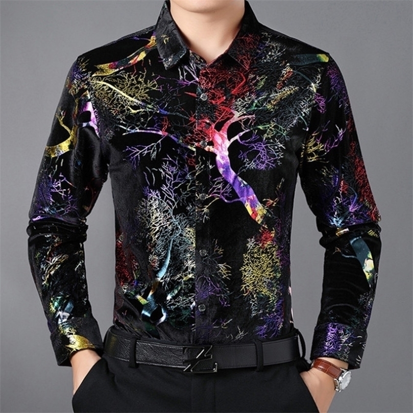 

Luxury Gold Velvet Men's Shirts Casual Print Long Sleeve Shirt Men Shiny Tuxedo camisa masculina 220401, Red
