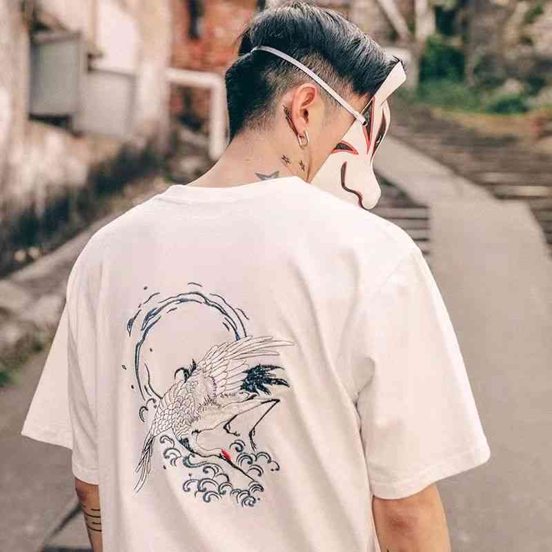 

Cotton embroidery Chine style T-shirt couple summer menswear student short Casual Short Sve men' national fashion crane style, Black