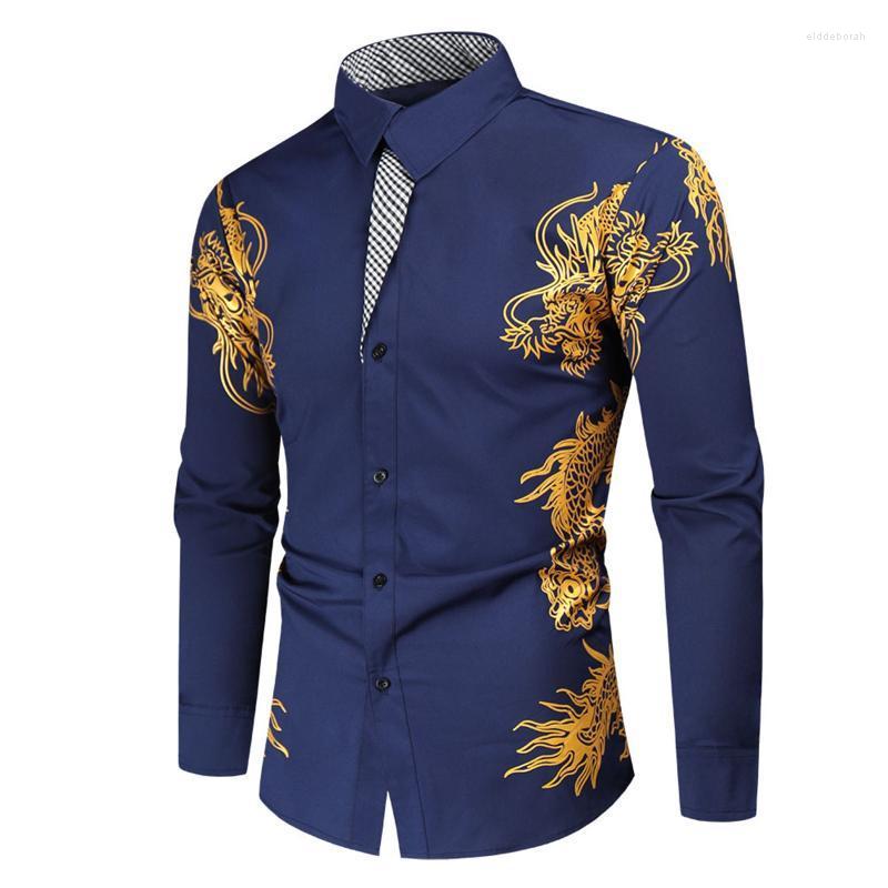 

Men's Casual Shirts Long Sleeve Men's Overcoat Lapel Bronzing Dragon Print Warm Button Down T Shirt Men ActiveMen's Eldd22, Navy