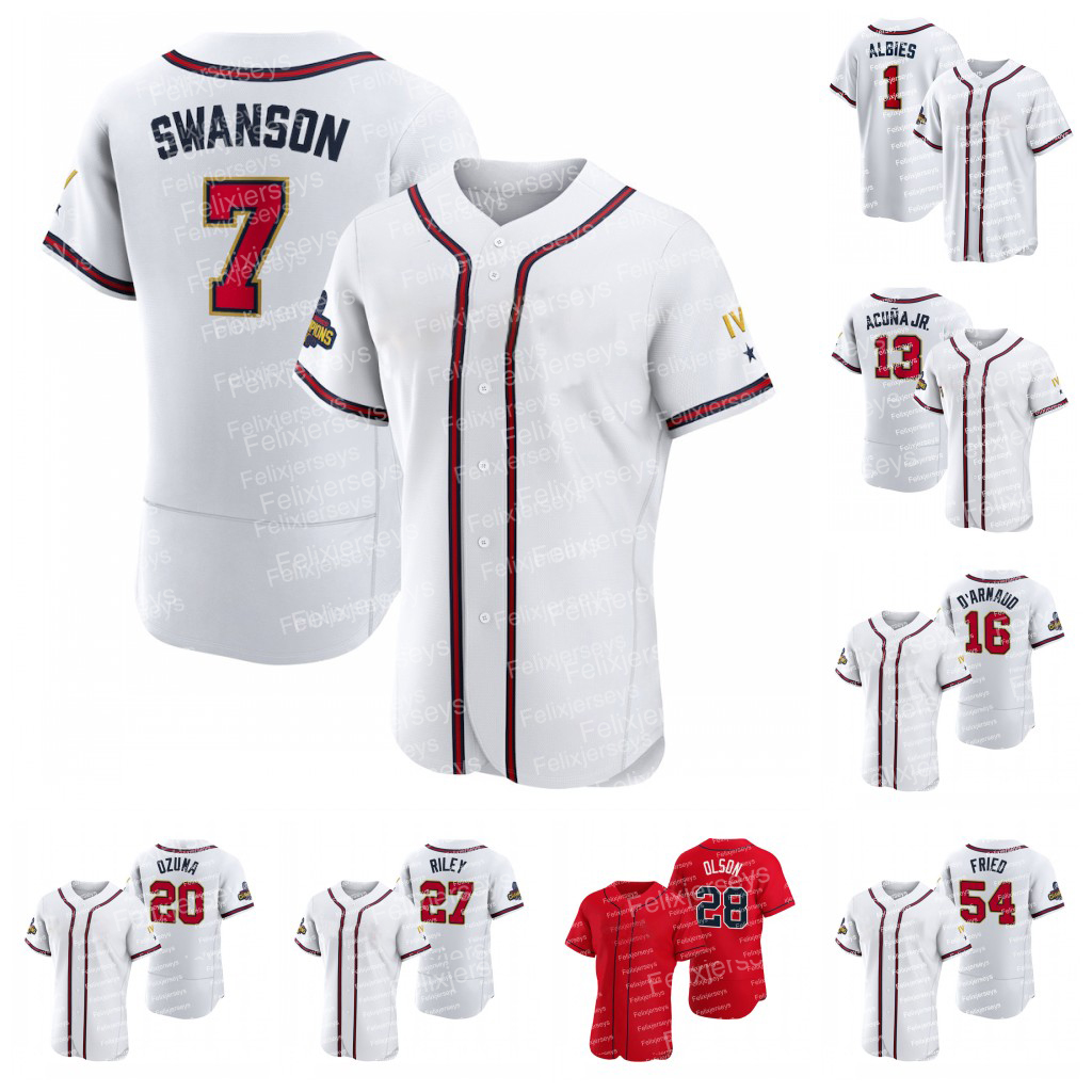 

7 Dansby Swanson Braves 2022 Gold Program Jersey Matt Olson Austin Riley Ozzie Albies Adam Duvall Eddie Rosario Ronald Acuna Jr. Marcell Ozuna Max Fried Alex Dickerson, White cool base