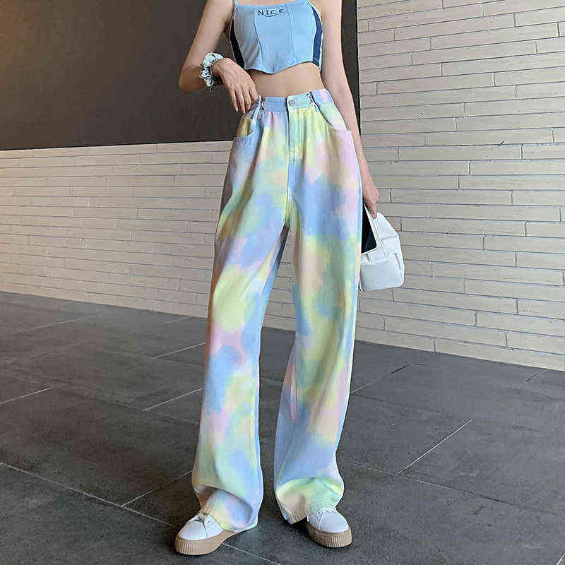 

Candy Colors 2021 Loose Wide Leg Pants Women High Adjustable Waist Solid Jeans Slim Pockets Denim Trousers Female P138 T220728, Multi