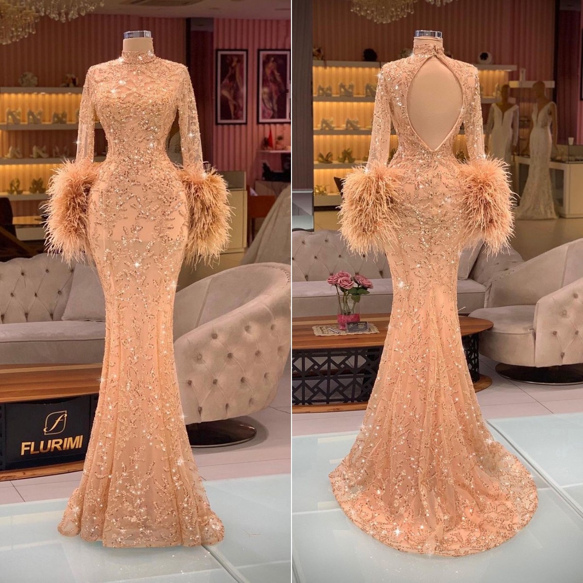 Champagne Gold Mermaid Evening Dress High Neck Evening Dress Puffy Long Sleeves Feather Design Floor Length Sequins Beaded Backless Custom Made P
