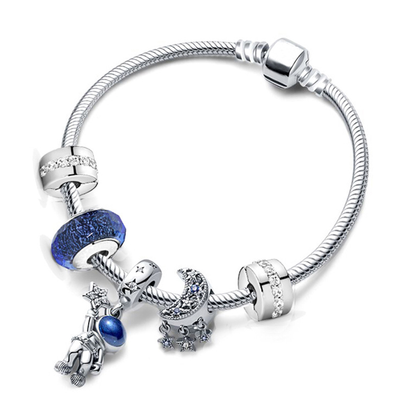

New s925 Luxury Sterling Silver Bracelets Beaded Charm Set Astronaut Star Moon Series DIY Fashion Jewelry Suitable for Original Pandora Pendant Women Gift 16-21CM