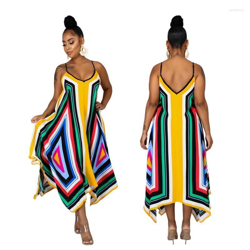 

Plus Size Dresses Women Casual Long Dress Sleeveless Slash Neck Ankle Length Print Geometric Sling Summer Vestidos Feminino Jona22, Yellow