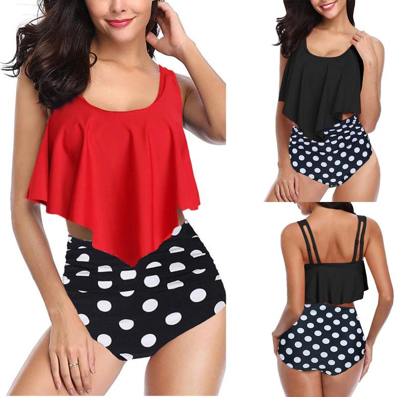 

Women' Swimwear Female 2 Piece Bikini Ruffle Print Covers The Belly And Shows Thin Split Swimsuit Women Sexy High Waist Beachwear, Black