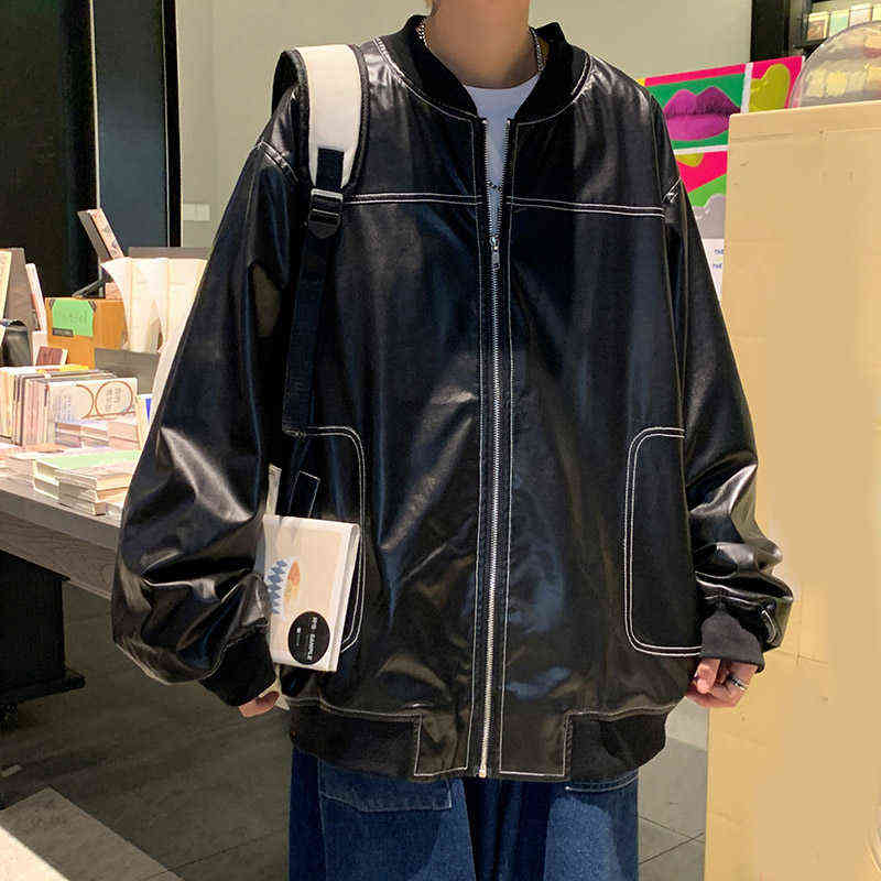 

2022 Spring New Men Faux Leather Jacket Stand Collar Motorcycle Biker Coats Black PU Leather Outwear T220728