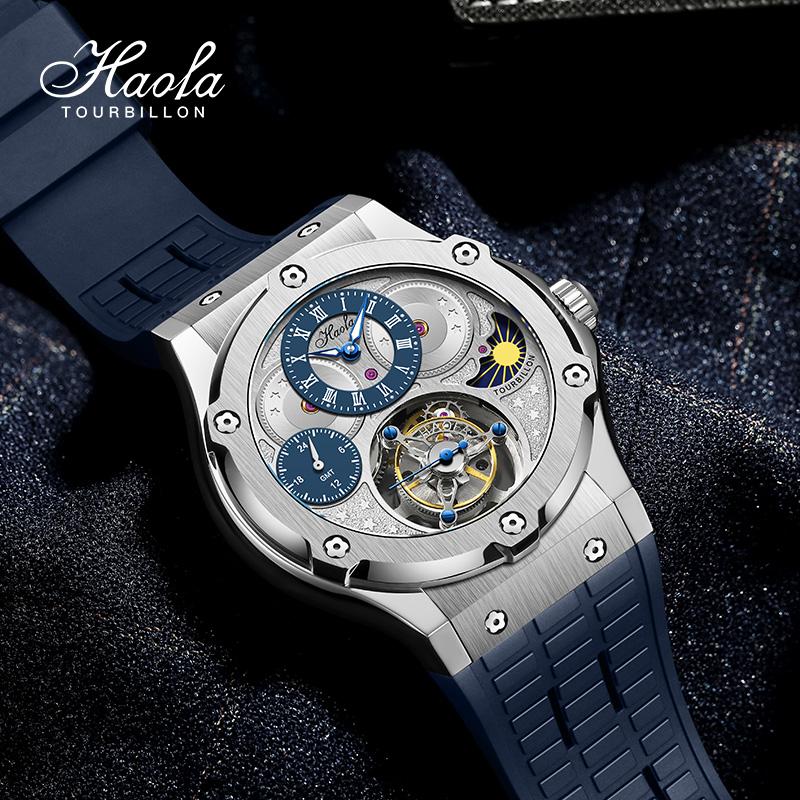 

Wristwatches Haofa Manual Moon Tourbillon Mechanical Mens Watch GMT Sapphire Flying Waterproof Luxury Day And NightWristwatches