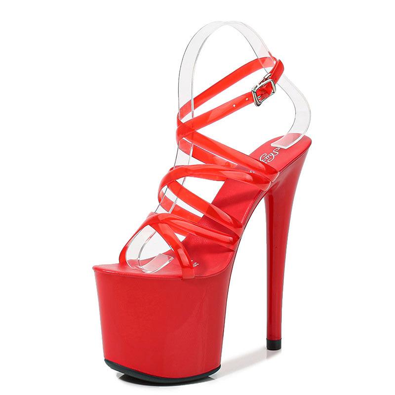 

Sandals Women Steel Tube Dancing Shoes 20cm Transparent Strap Cross Female Super High Heels Waterproof Platform Shoe Big Size 45, Rose