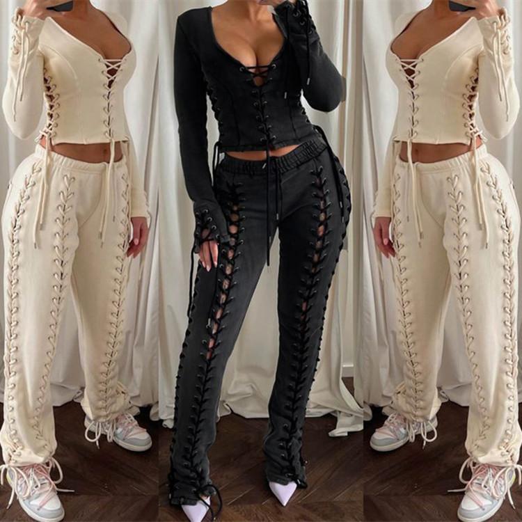 

Women' Two Piece Pants Casaul Women Tracksuit Set Cross Bandage Hollow Out Solid Color High Streetwear Clothes For Outfit, Black