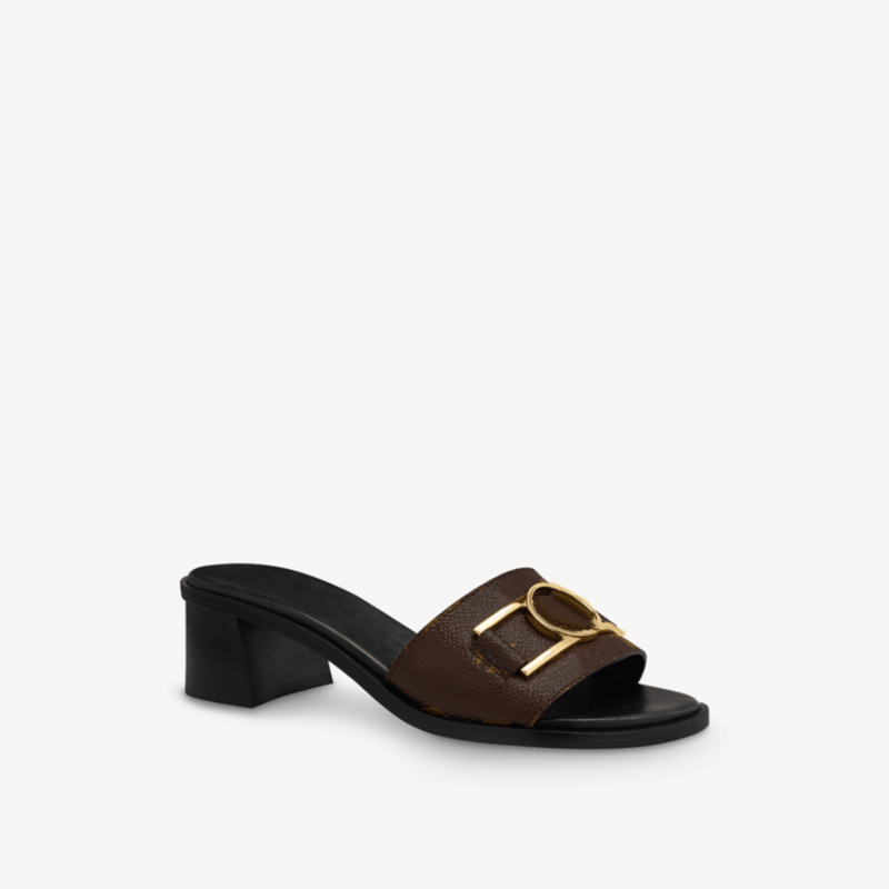 

Designer Explosive Women's LOCK IT MULE 1A660F slides Slippers Patent canvas wide front strap gold-tone metal clasp Circle low block heel designer