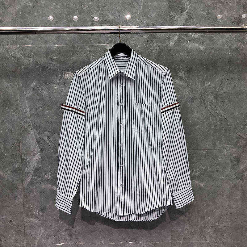 

TB THOM Shirt 2022 Spring Korean Fashion Cotton Women' Blouse RWB Ribbon Armband Black Vertical Stripe Causal Men' Shirt