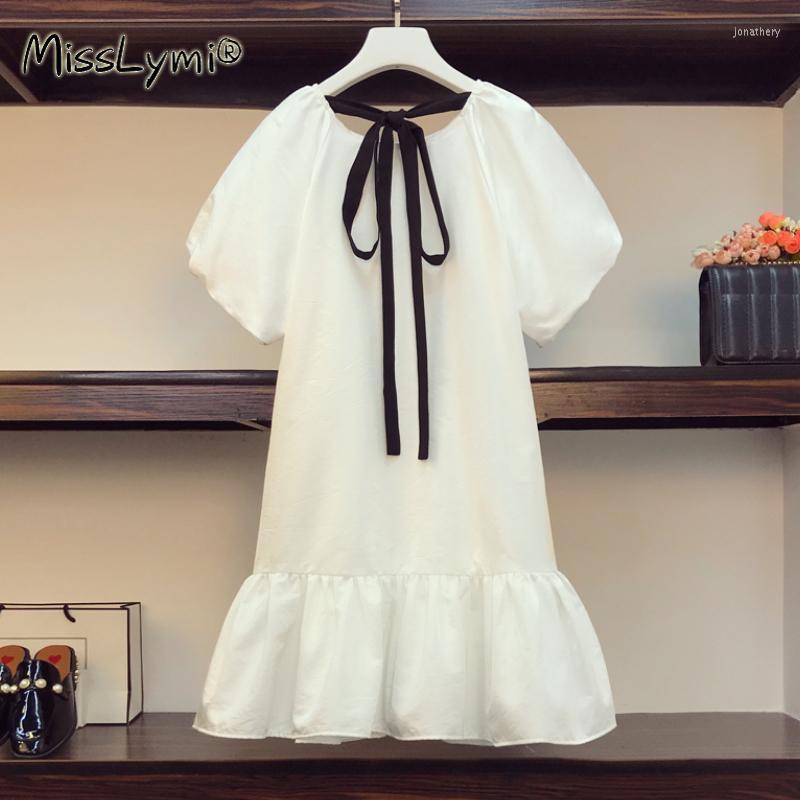 

Plus Size Dresses 4XL Women Rayon Satin White Kawaii Dress Summer 2022 Vintage Puff Sleeve Back Lacing Loose Casual Cute Ruffle Jona22