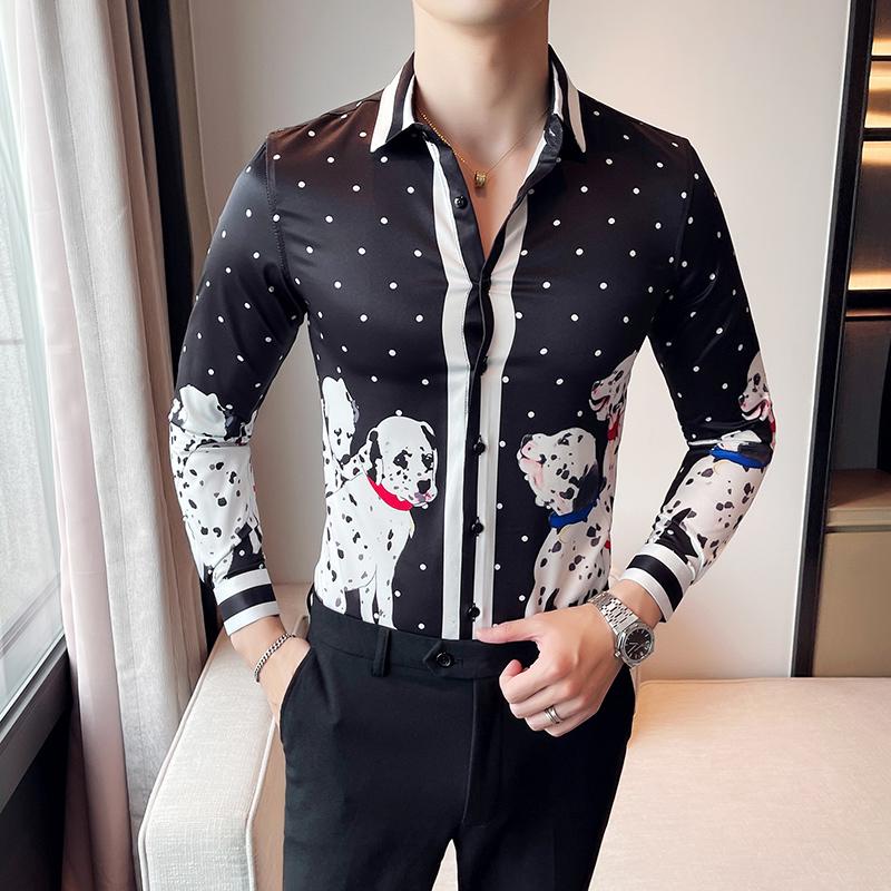 

Men's Dress Shirts Luxury Royal Gold Print Men Shirt Brand Clothing Long Sleeve Slim Fit Business Formal Party Club Fashion Homme, Black