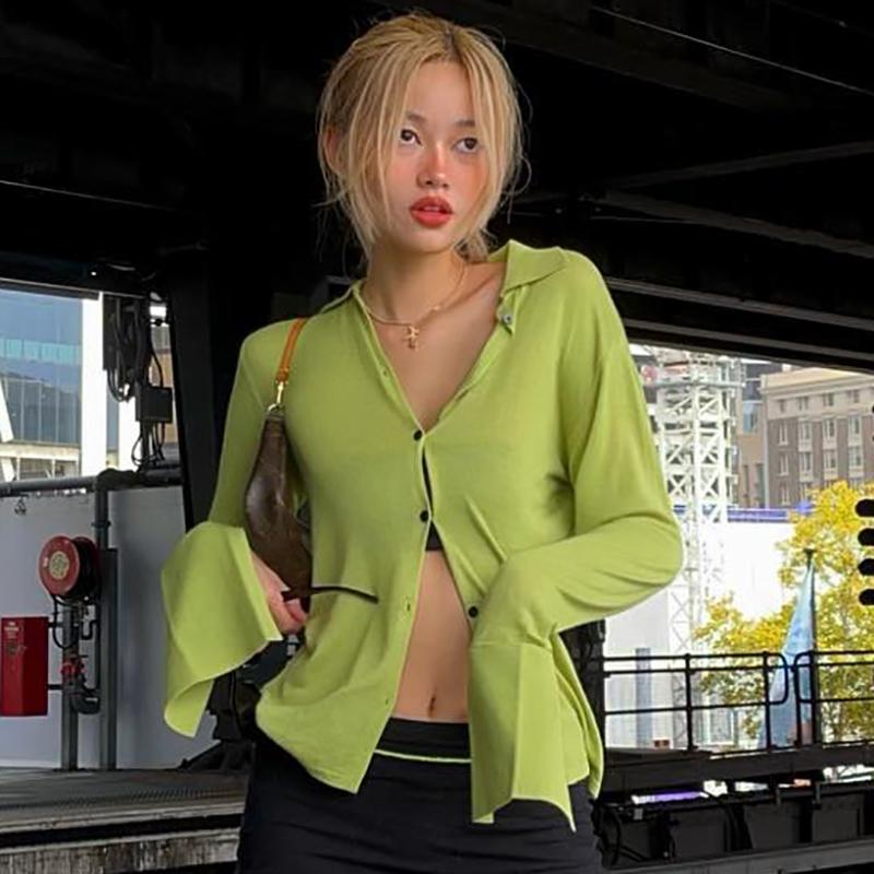 

Women' Blouses & Shirts Women Sexy Top Shirt Solid Long Flare Sleeves Single Breasted Loose Casual Streetwear Button Summer Fashion Clothes, Green