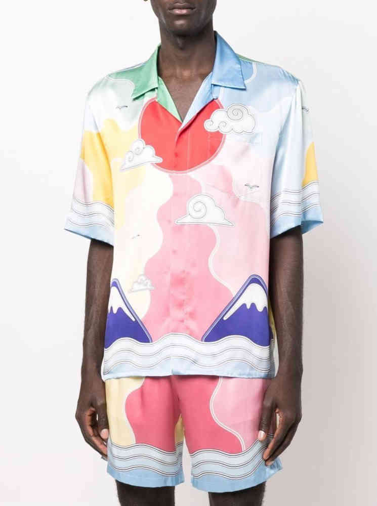 

Casablanca mens Soleil Levant short sleeved silk shirt fashion designer women luxurys shirts, Blue