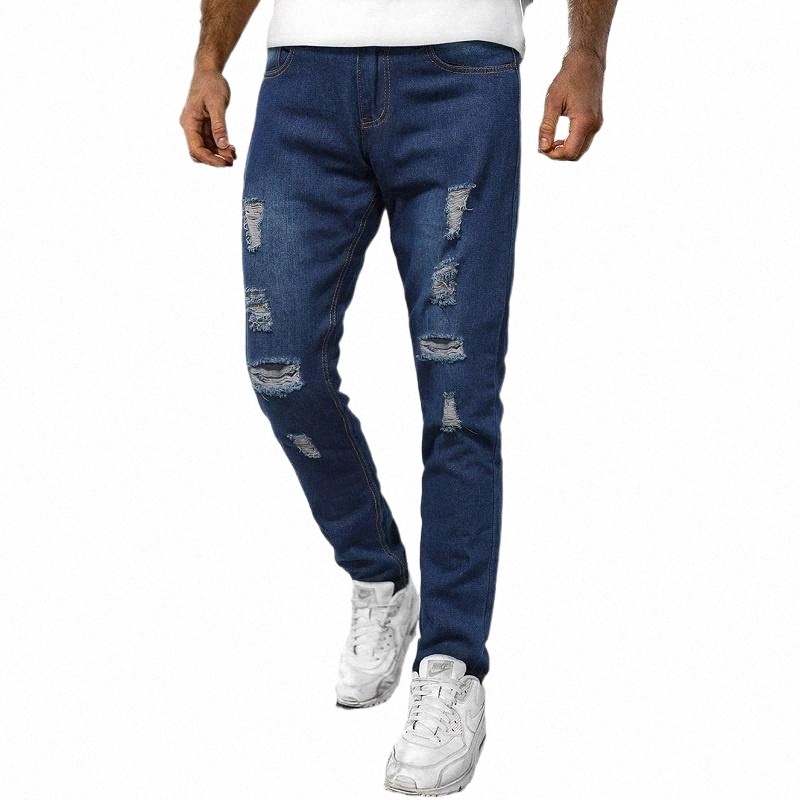 

spring Man Jeans With Ripped Holes Men Pants Decorated Denim Trousers Stretch Ropa De Hombre Plus Size For Men's M8Z6#, Dark blue