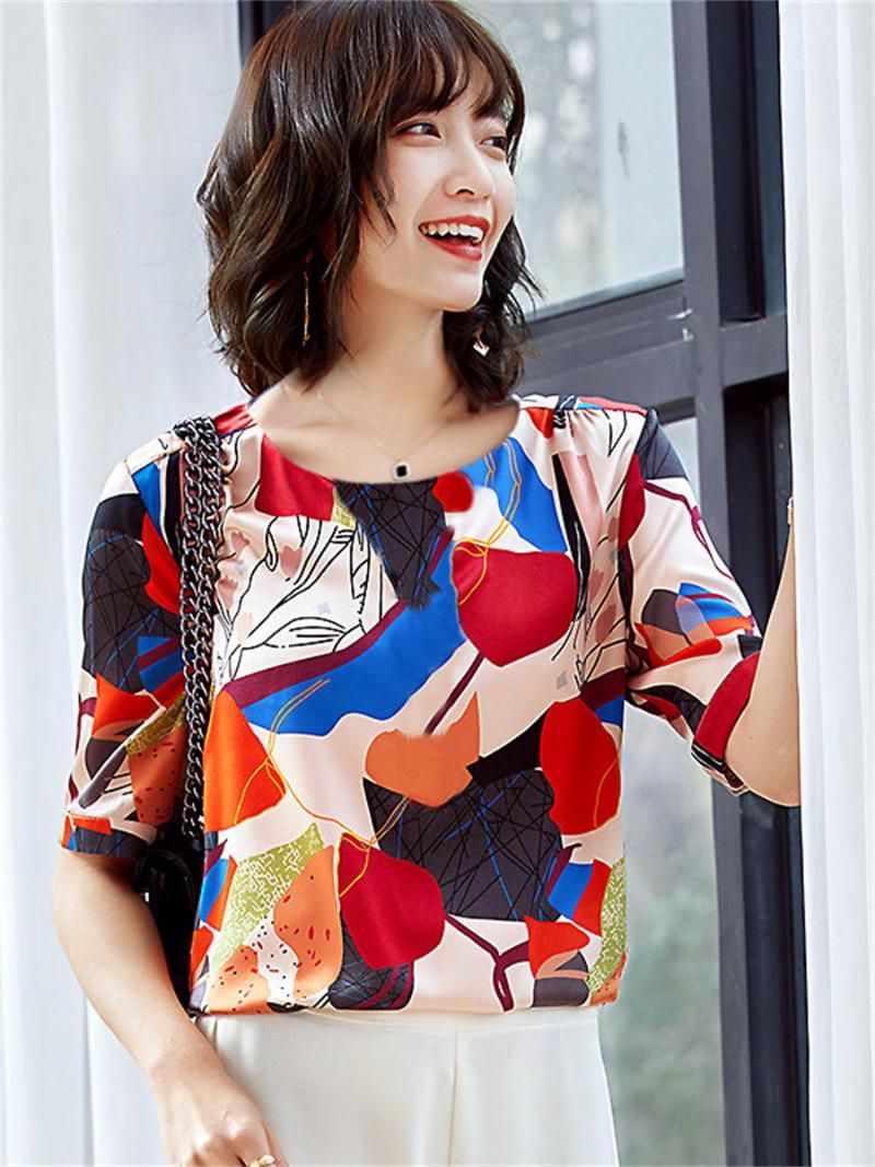 

Women's Blouses & Shirts Women Summer Style Tops Lady Casual Short Sleeve O-Neck Loose Orange Printed Blusas DF4494Women's, As picture