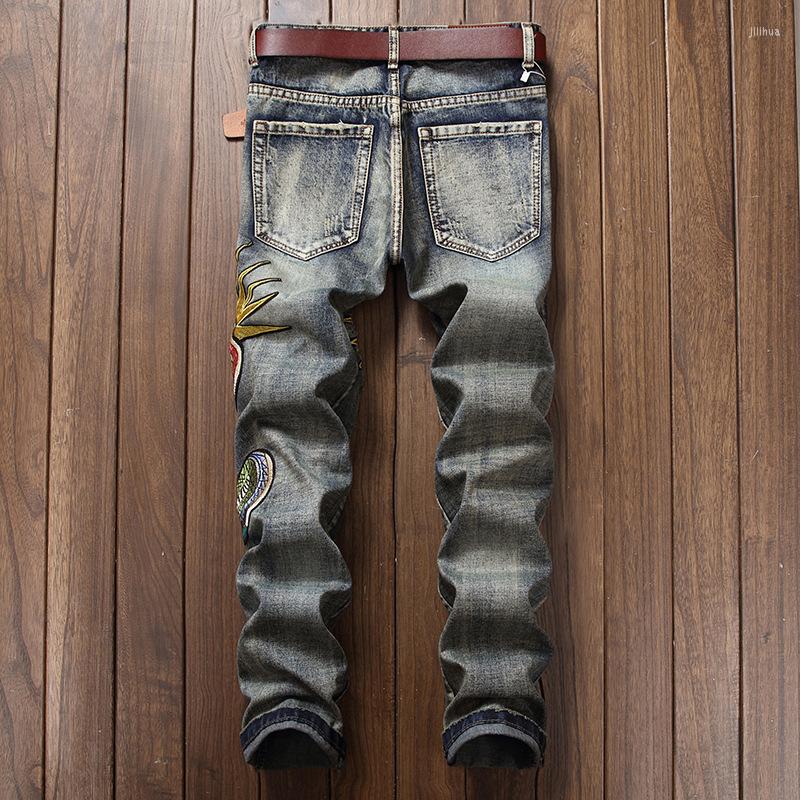 

Men's Jeans Harajuku Designer Men Hole Ripped Personalized Fashion Embroidery Flower Vintage Denim Pants Casual Washed TrousersMen's, Gray