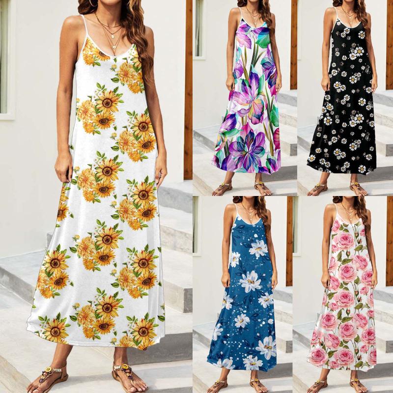 

Casual Dresses Summer Women Boho Floral Print Sleeveless O-Neck Maxi Spaghetti Strap Dress Sundress Beach Vestido SukienkiCasual, Dye