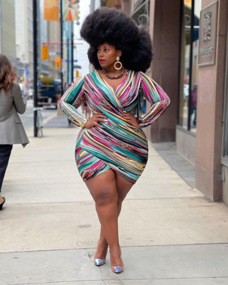 

Plus Size Dresses Perl V-neck Tie Dye Mini Full Sleeve High Waist Skirt Women's Clothing Casual Curved Outfit 3XL 4XLPlus, Multicolor