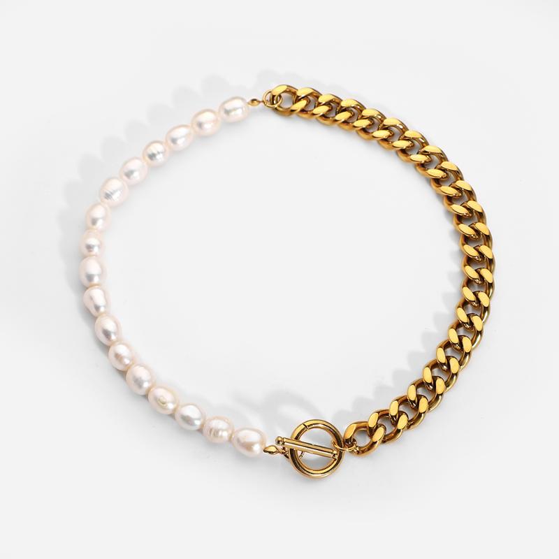 

Chains Punk Jewelry 18K Gold Plated Cuban Chain Freshwater Pearl Necklace For Women Collar Stainless Steel Fashion