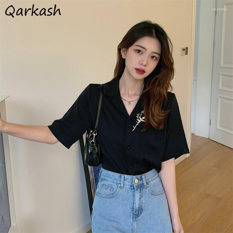 

Women's Blouses & Shirts Rose Embroidery Women Black Short Sleeve Summer Tops Design Elegant Stylish Females Arrival Vintage Camisas Mujer I