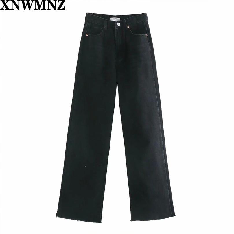 

XNWMNZ women Fashion hi-rise wide-leg full length jeans Vintage faded seamless hems High Waist Zipper button Denim Female 220402, Black