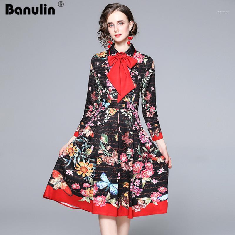 

Casual Dresses Banulin Women Autumn Elegant Shirt Dress High Quality Vintage Office Party Robe Femme Floral Slashes Designer Vestidos, The picture color