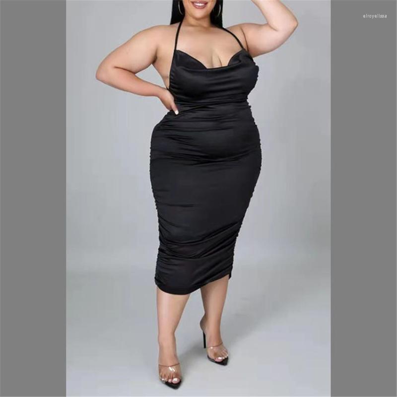 

Plus Size Dresses Women's Sexy Solid Color Elastic Satin Temperament Commuter Loose French Dress One-step Skirt ClothingPlus Elro22, Black