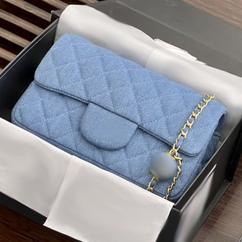 

Ladies Flap Mini Designer Bags Solid Color Denim Crossbody Bags Classic Handbags Small Gold Ball Adjuster Metal Chain Diamond Quilting Shoulder Bag For Women 17/20CM, Blue 17cm