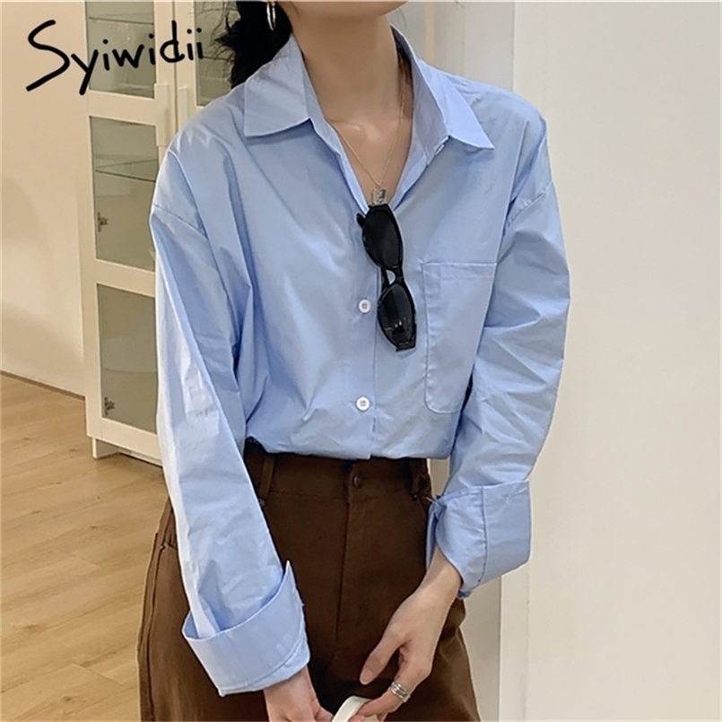 

Button Up Blouses Women Single Breasted Casual Loose Mid-length Tops Spring Korean Fashion Shirts 210607, Light blue