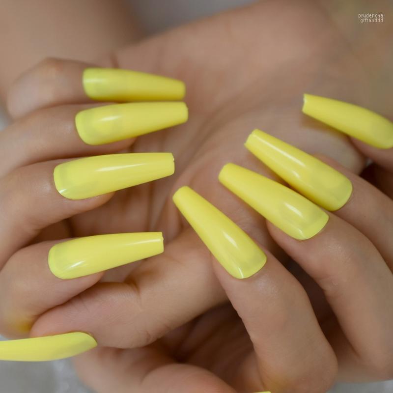 

False Nails Extra Long Shiny Tapered Fake Nail Art Yellow Designer Press On Hight Qualicial Salon DIY Glossy Artificial Prud22, L5551
