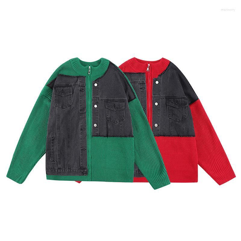 

Men's Sweaters Retro Streetwear Jeans Patchwork Zipper Jackers Oversized O Neck Casual Spliced Knitted Cardigan Winter ClothesMen's Mari22, Green