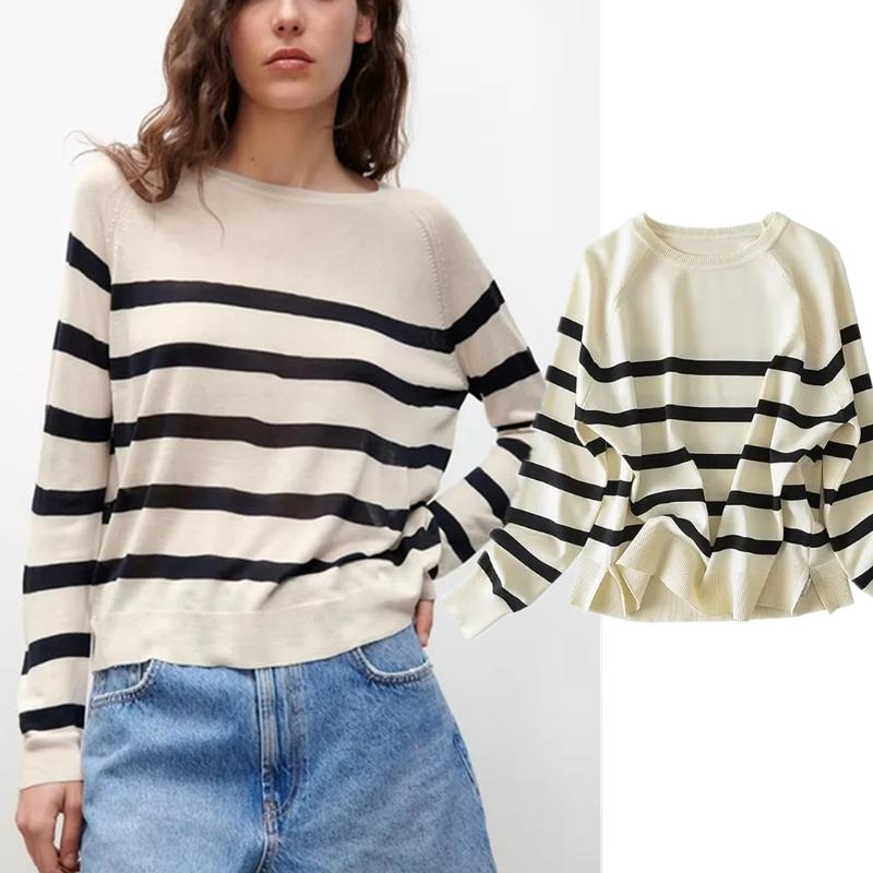 

Women's Sweaters Maxdutti Loose Knitwear Round Collar Casual Women Pullovers Tops Engand Style Retro Striped SweatersWomen's