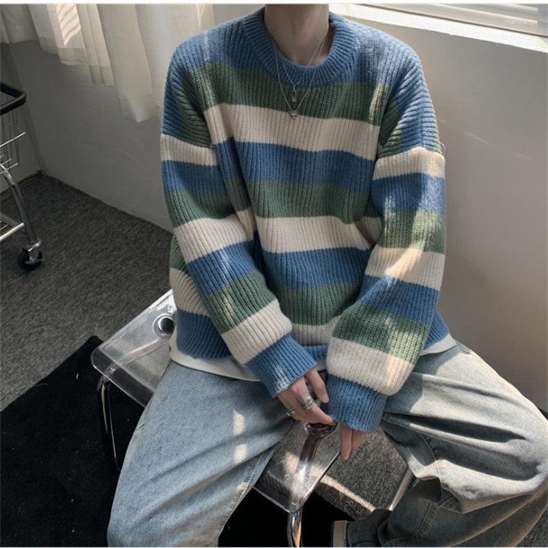 

Men's Sweaters Autumn Winter Men's Casual Streetwear O-neck Striped Print Tops Loose Knit Sweater MaleMen's Mari22, Blue