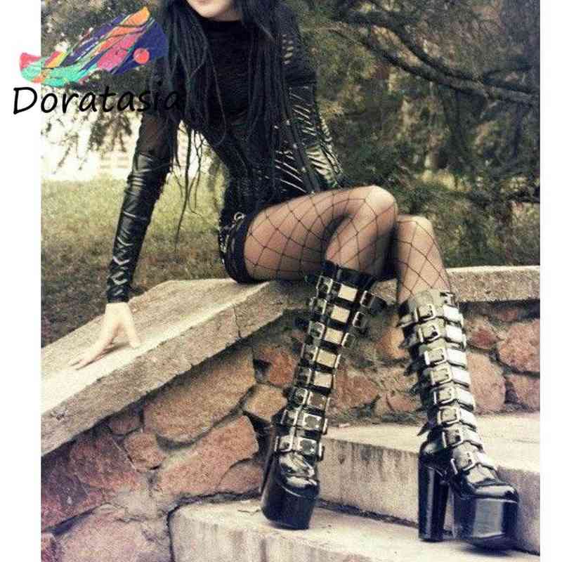 

DORATASIA INS Hit Sale Buckle Spike High Heel Mid Cald Platform women's Boots Elegant Trendy Luxury Brand Punk Gothic Shoes Y220817, Black patent
