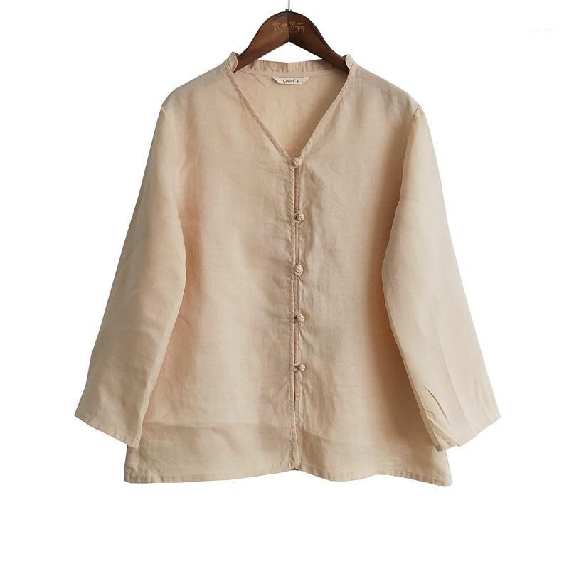 

Johnature Women Chinese Style Shirts Linen Solid Color V-Neck 2022 Spring Button Vintage Clothing Tops Women's Blouses &, Beige