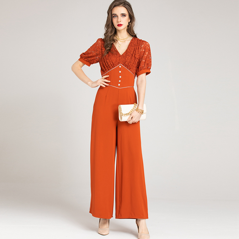 

Women's Runway Jumpsuits& Rompers Sexy V Neck Short Sleeves Printed Patchwork Fashion Casual Pant, Orange