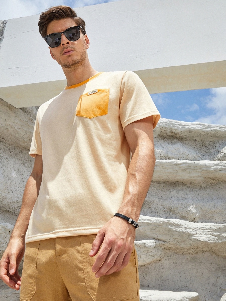 

men Patch Detail Contrast Pocket Tee 97iT#, Khaki