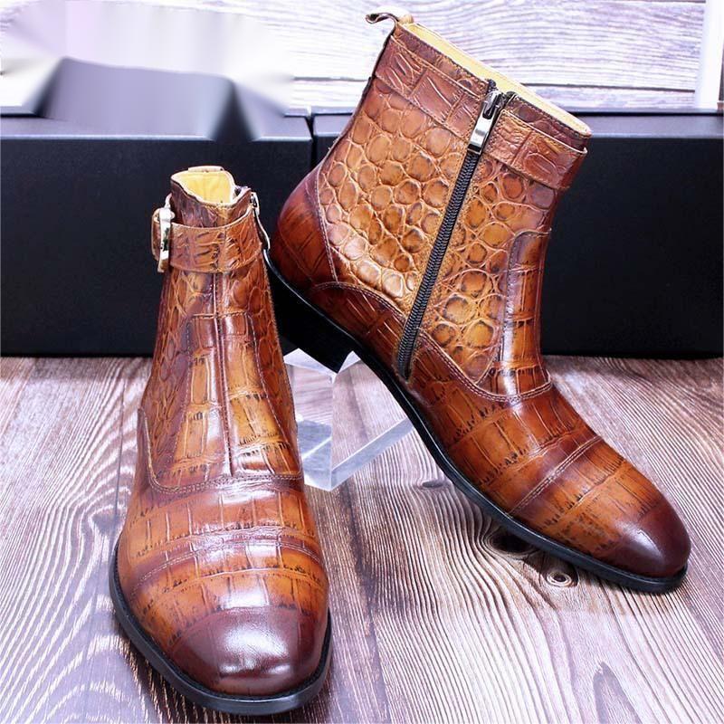 

Pointed Toe Martin Boots Men Shoes Leather Ankle Side Zipper Classic Fashion Crocodile Pattern Buckle High-end Gentleman Business Formal Boots KB248, Clear