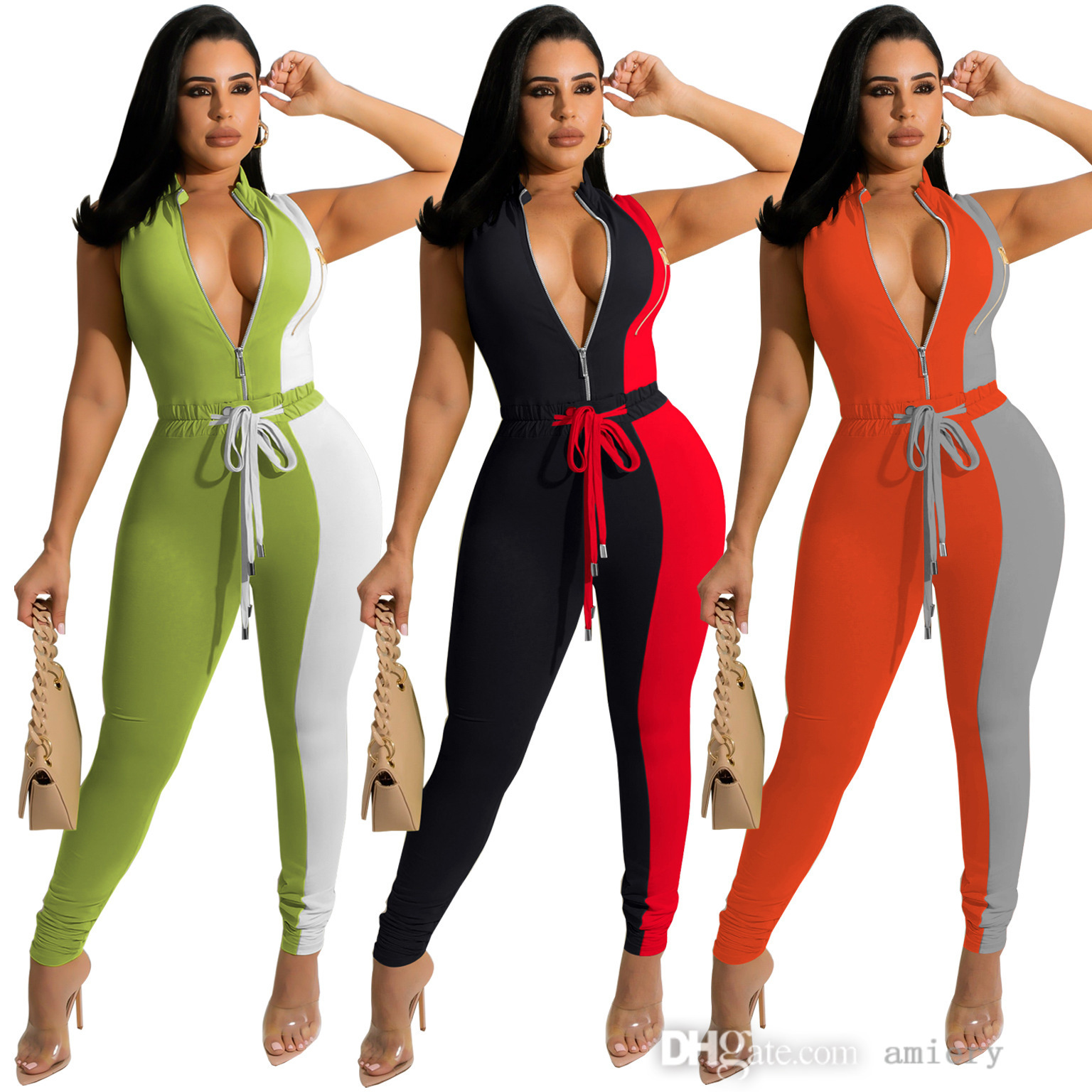 

Women Tight Pants Sexy V-neck Two Colors Matching Fashion Casual Zipper Jumpsuit Drawstring Rompers -XL, Orange