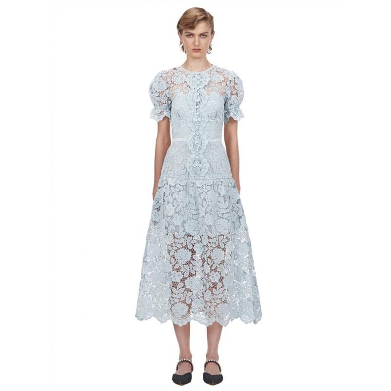 

Party Dresses VERHELLEN High Quality Self Portrait Dress 2022 Summer Women Short Sleeve Flowers Hollow Out Stitching Light Blue