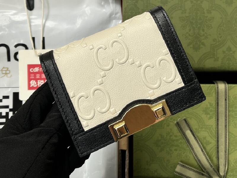 

Realfine Wallets 5A 676150 11cm Card Case White Embossed Leather Black Trim Wallet Purse for women with Dust Bag Box, 676150 11cm 5a_04