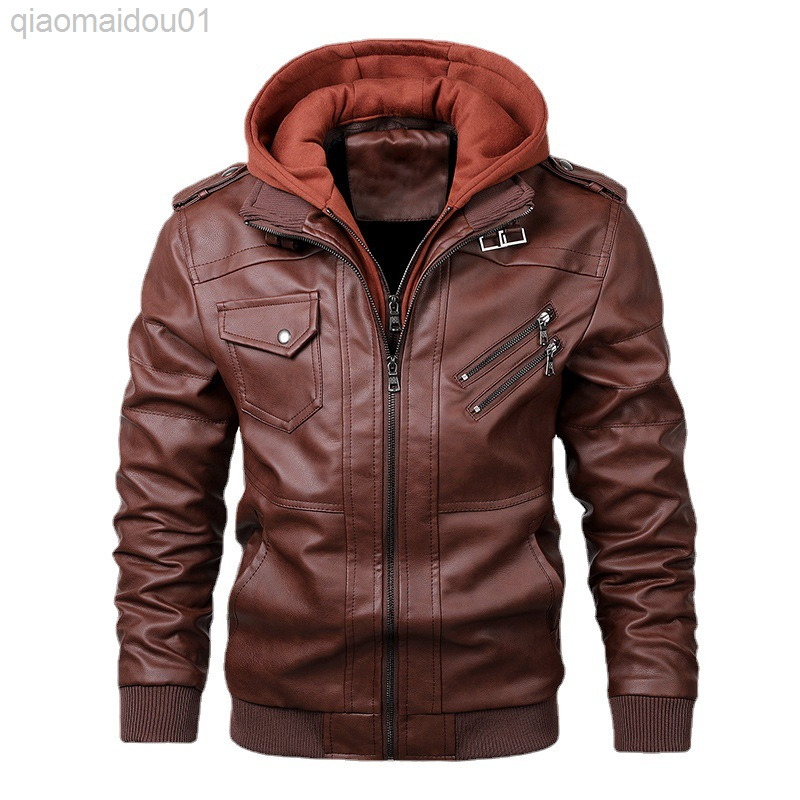

2022 Autumn Winter Men New Jacket Leather Pu Hooded Youth Motorcycle Casual Loose Large Size -5XL L220726, Black