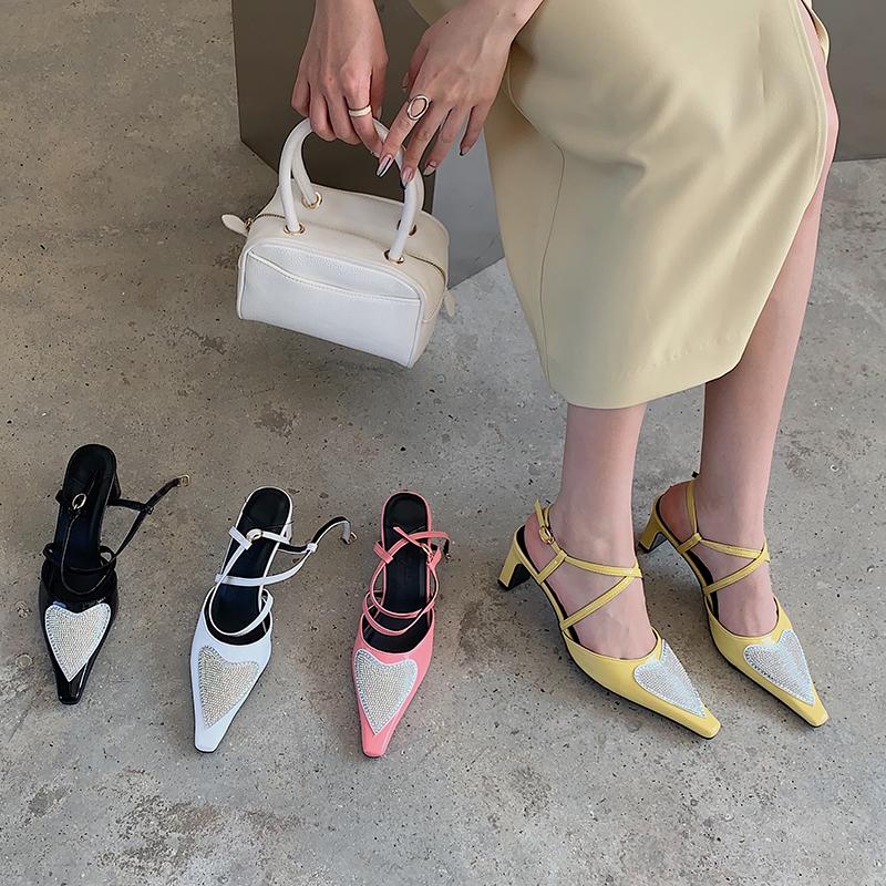 

Sandals Pointed Toe Women Fashion Thick High Heels Black White Yellow Pink Rhinestone Design Cross Ankle Strap Summer Dress Shoe