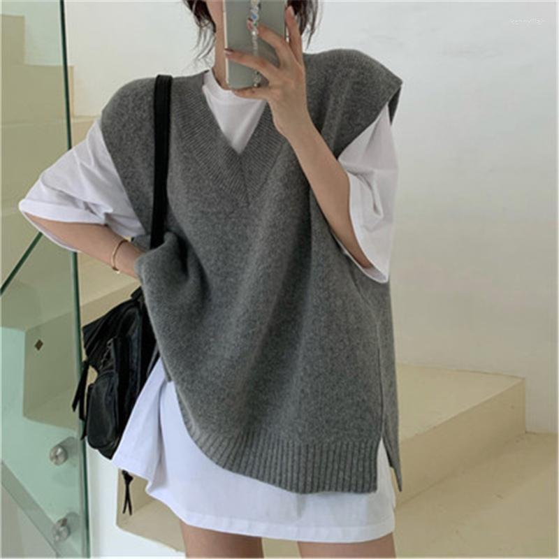 

Women's Knits & Tees Casual Loose Split Sweaters Vests Women 2022 V-neck Solid Sleeveless Knitted Pullovers Female Street Wear Autumn Winter, Gray