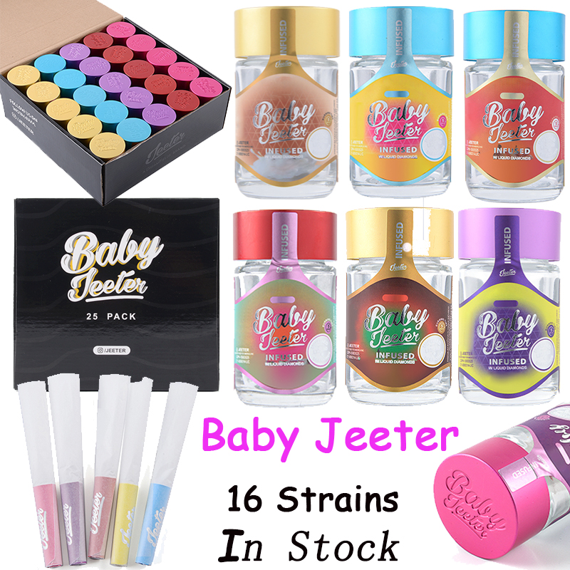 

In Stock Baby Jeeter 5-Pack Container Pre-rolling Paper Bag High Potency Infused with Liquid Diamond Cone Paper Labels Master Box Dab Oil Wax 5 Cap Colors 16 Strains