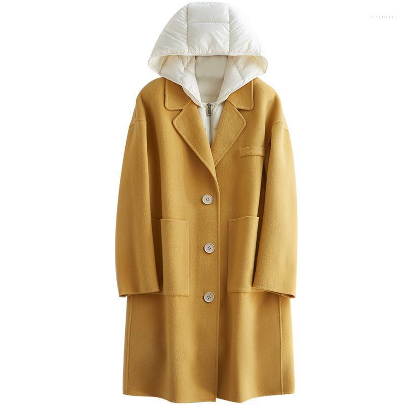 

Women' Wool & Blends 2022 Even Hat Pure Two-sided Overcoat Girls Long Fund Loose Coat, Banana yellow
