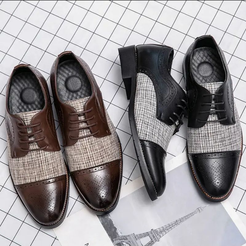 

Oxford Shoes Men PU Leather Color-blocking Low-heeled Retro Brock Stitching Microfiber Classic Trend Lace Gentleman Business British Style HM382, Clear